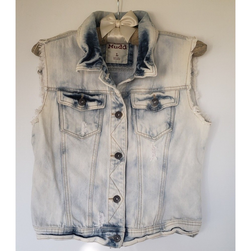 Mudd Denim Jean Vest Factory Distressed & Bleached Juniors Women Y2K Sz Large